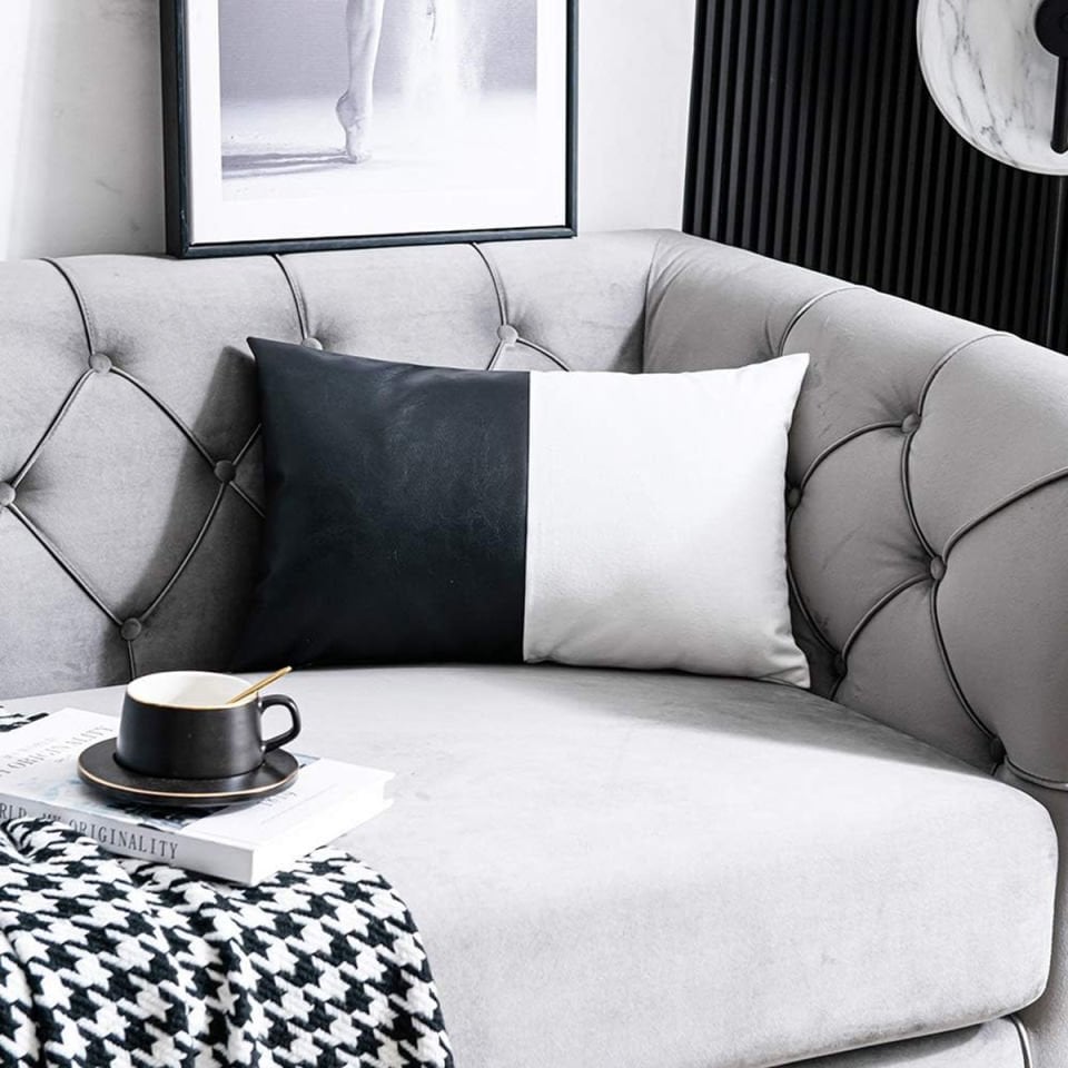 Suni Deri/Keten Siyah/Beyaz Kırlent Kılıfı (1 adet)