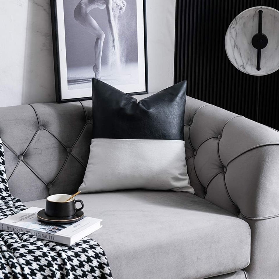 Suni Deri/Keten Siyah/Beyaz Kırlent Kılıfı (1 adet)